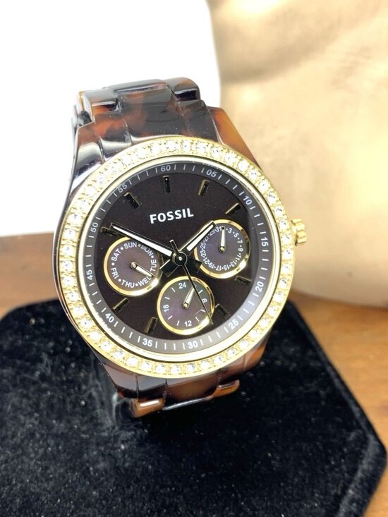 Fossil Women\'s Watch ES2795 Stella Quartz Gemmed Gold Tortoise Shell 37mm